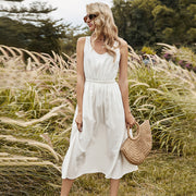 Spring New Sleeveless Dress Women Casual Solid Color O Neck Elegant White Sling Dress For Women Summer Dress