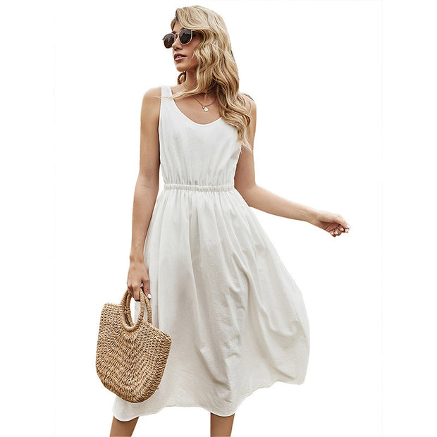 Spring New Sleeveless Dress Women Casual Solid Color O Neck Elegant White Sling Dress For Women Summer Dress