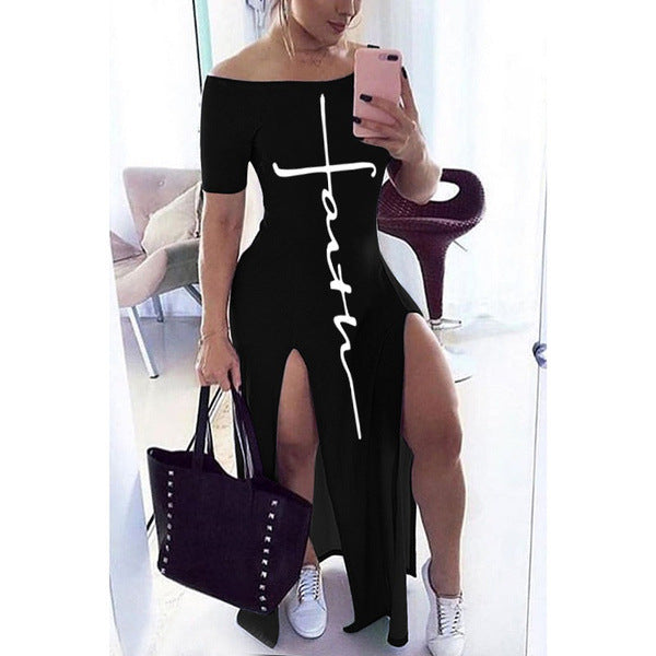 One Line Shoulder Short Sleeve Long Dress With Close Waist And High Split, Fashionable And Sexy Women'S Long Skirt