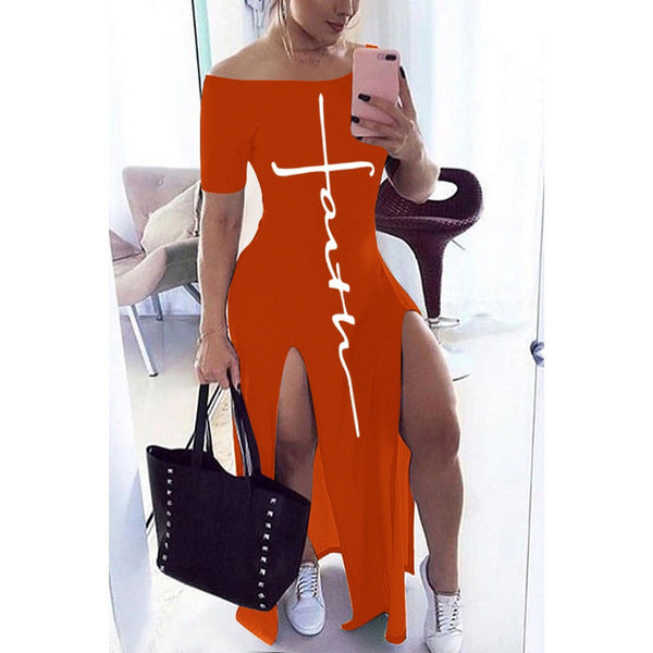 One Line Shoulder Short Sleeve Long Dress With Close Waist And High Split, Fashionable And Sexy Women'S Long Skirt