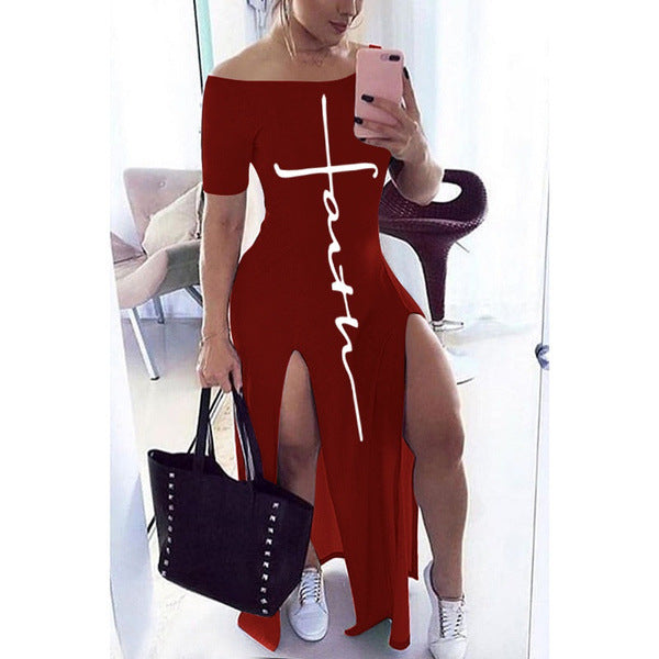 One Line Shoulder Short Sleeve Long Dress With Close Waist And High Split, Fashionable And Sexy Women'S Long Skirt