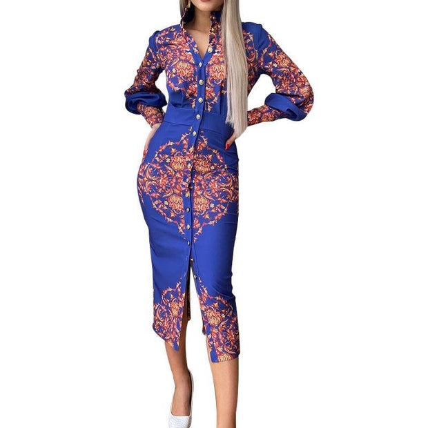 Printed Stand Collar Long Sleeve Dress