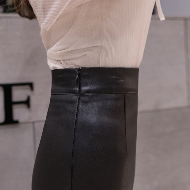Leather Skirt Women Spring And Autumn Long Mesh Splicing Pu Skirt