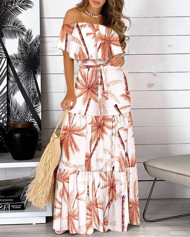 Fashion One-Line Neck Waist Printing Short-Sleeved Dress Long Skirt