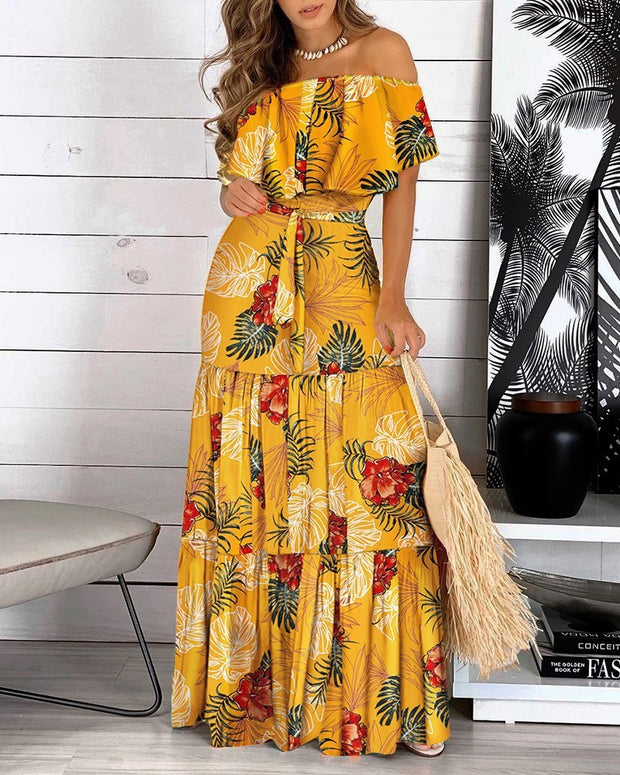 Fashion One-Line Neck Waist Printing Short-Sleeved Dress Long Skirt