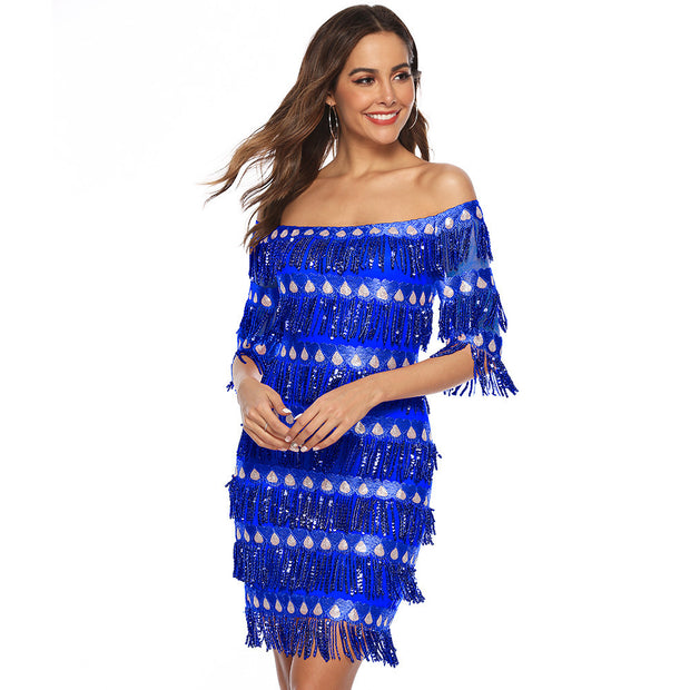 One-line Collar Mid-sleeve Fringed Dress Party Short Dress