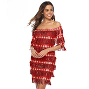 One-line Collar Mid-sleeve Fringed Dress Party Short Dress