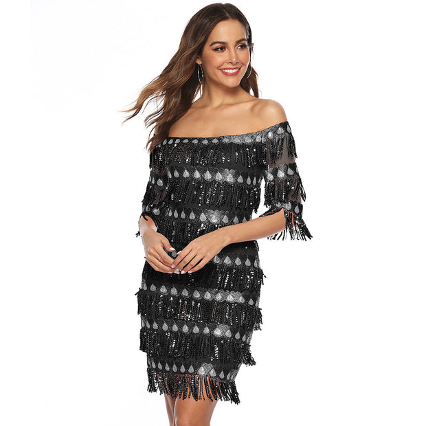 One-line Collar Mid-sleeve Fringed Dress Party Short Dress