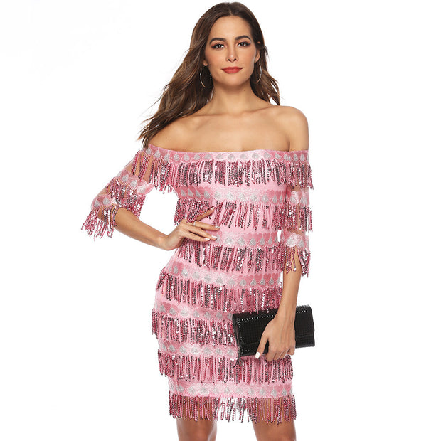 One-line Collar Mid-sleeve Fringed Dress Party Short Dress