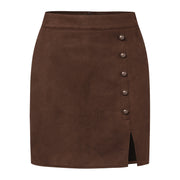 Women's Solid Color Suede High Waist Metal Buckle Skirt