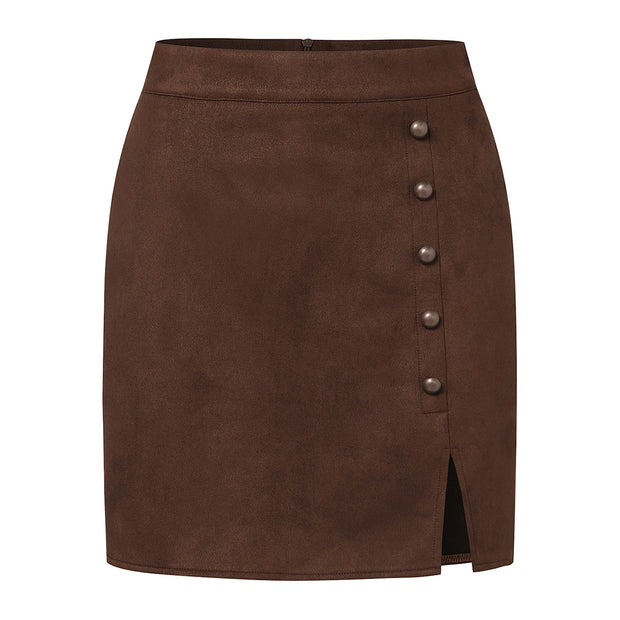 Women's Solid Color Suede High Waist Metal Buckle Skirt