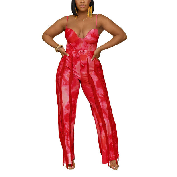Women's Tinsel Tassel Sling Jumpsuit Two-Piece Set