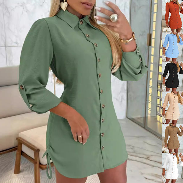 Lapel Button Dress With Drawstring Design Fashion Solid Color Long Sleeve Shirt