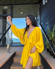 V-neck Lantern Sleeve Dress