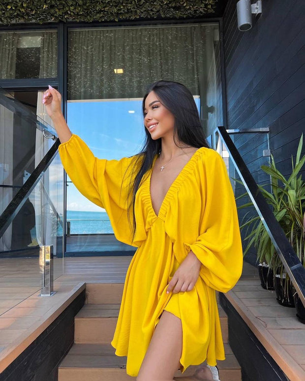 V-neck Lantern Sleeve Dress