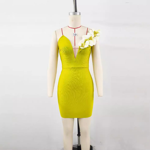 Oblique Shoulder Flower Bandage Dress Evening Dress