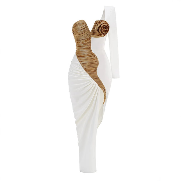 Fashion Design Golden Flower Shoulder Split Dress