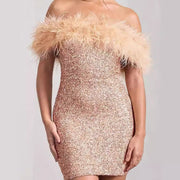 Feather Sequins Evening Dress
