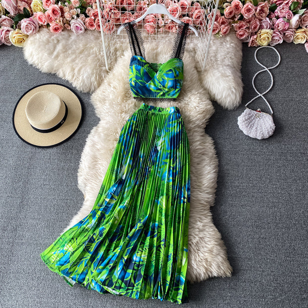 Seaside Holiday Floral Print Spaghetti-Strap Camisole Top Sleeveless Two-piece Suit