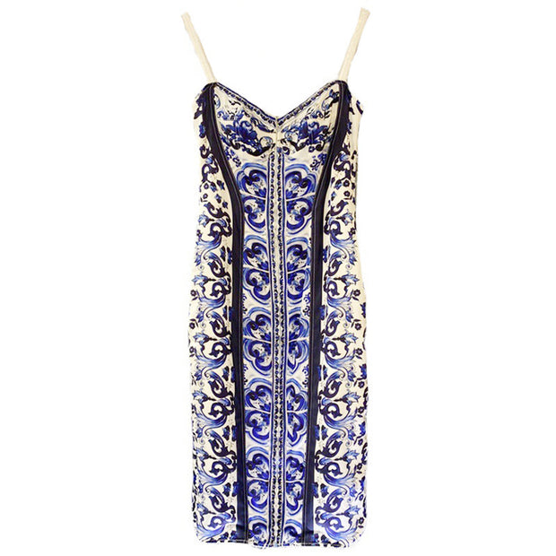 Vintage Blue And White Porcelain Print V-Neck Sleeveless Body Dress