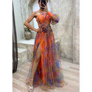 Elegant One-Shoulder Mystic Garden Dress