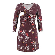 Maternity Clothes Multi-color Printed Deep V-neck Seven-point Sleeve Cross Lactation Dress