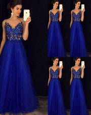 Elegant Blue Backless Beaded Chiffon Ball Dress