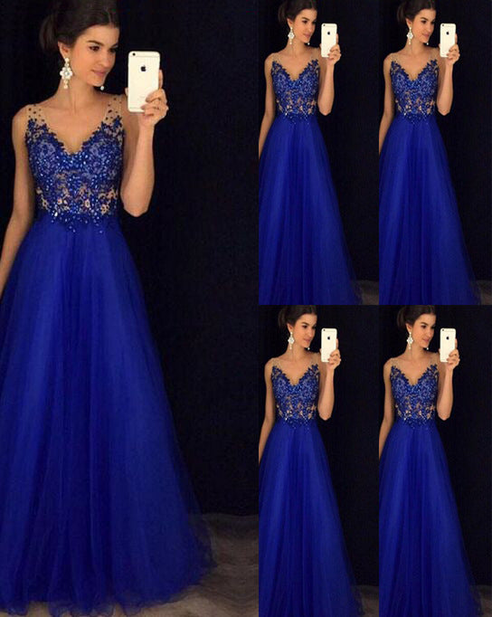 Elegant Blue Backless Beaded Chiffon Ball Dress
