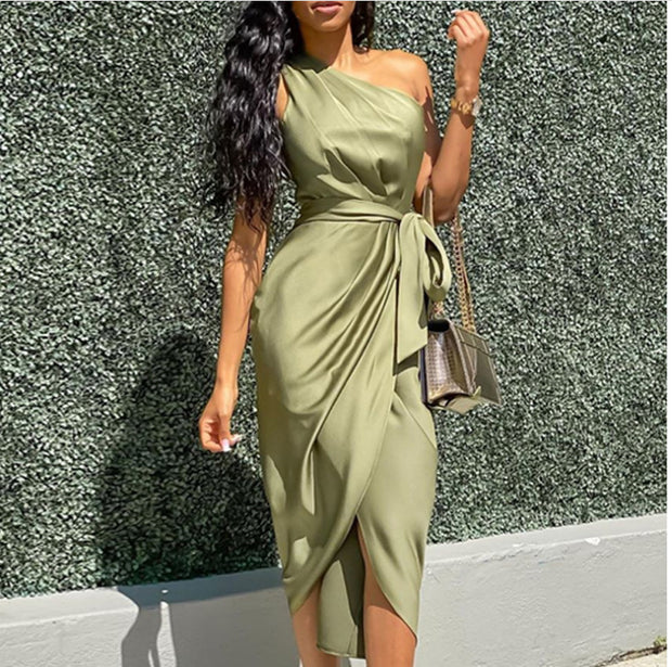 One Shoulder Off Satin Dress