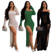 Women's Off-Neck Long Sleeve See-Through Split Dress