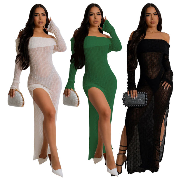 Women's Off-Neck Long Sleeve See-Through Split Dress