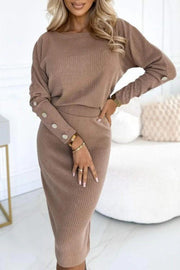 Women's Button Sleeved Solid Colored Dress