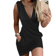 Women's Drawstring Retaining Ring V-neck Pocket Dress