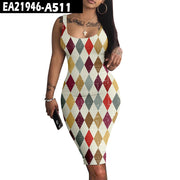 Retro Pattern Female Digital Print Sleeveless Round Neck Slim Dress