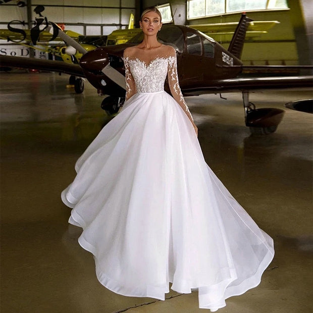 Embroidered Long Lace Sleeved Off-The-Shoulder Wedding Dress