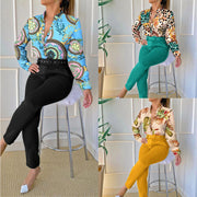 Women's Long-Sleeved Shirt Pants Suit with Belt