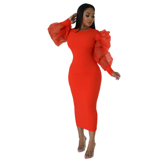 Mesh Puff Sleeve Elegant Slim Fit Dress