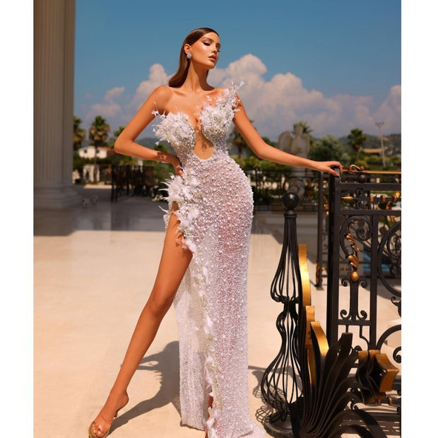 Women's Fashion Feather Split Long Dress