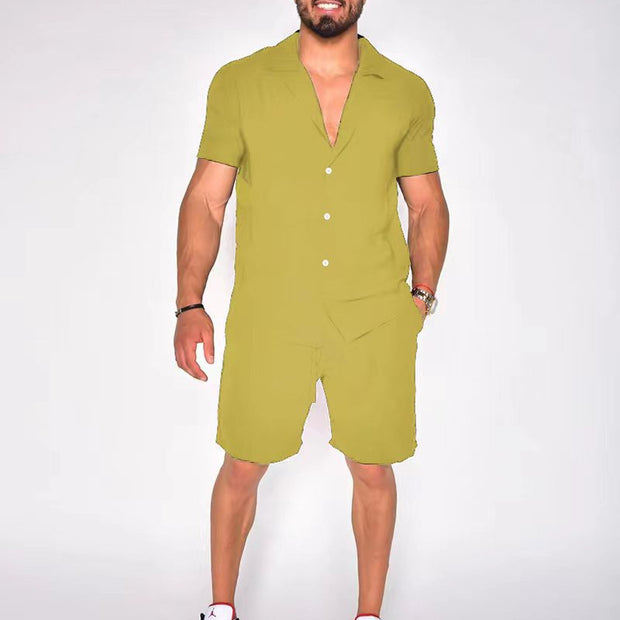 Men's Summer Lapels Cotton Linen Solid Color Short Sleeve Shorts Suit