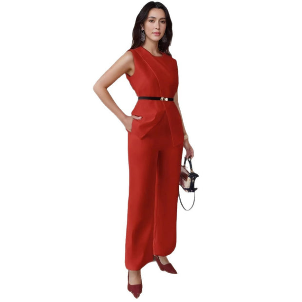 Women's Sleeveless Two-piece Pants Suit w/Belt