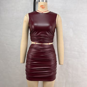 PU Leather Sleeveless Midriff-baring Pleated Skirt Suit