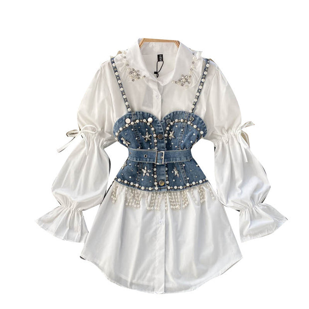 Diamond Beaded Puff Sleeve Shirt Top Tassel Pearl Sling Vest Two-Piece Set