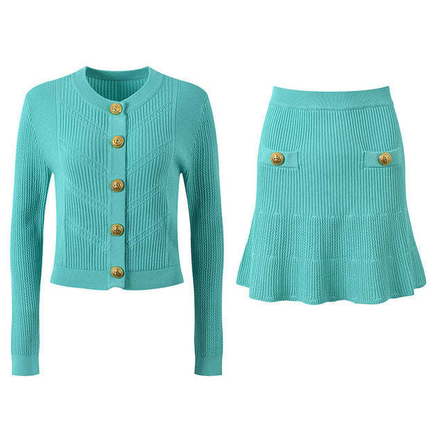 New Round Neck Metal Button Knitted Top Mid-Length Dress Set