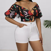 Ladies' Summer New Cross Wrapped Chest Lantern Sleeve Short Flower Printed Elegant Top