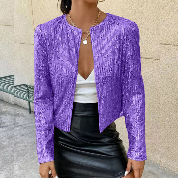 Stand Collar Color Matching Sequins Coat Short Casual Jacket