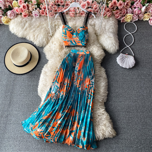 Seaside Holiday Floral Print Spaghetti-Strap Camisole Top Sleeveless Two-piece Suit