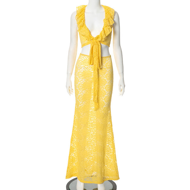 Women's Lace Top High Waisted See Through Long Skirt Two-piece Set