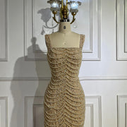 Nude Elegant Sling Light Luxury High-End Pearl Beaded Dress