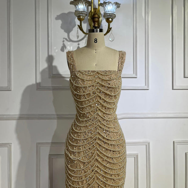 Nude Elegant Sling Light Luxury High-End Pearl Beaded Dress
