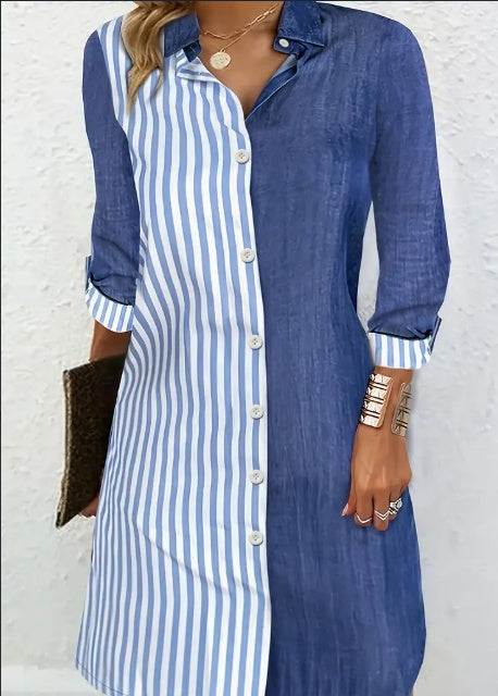 Stylish Striped Print Color Block Shirt Dress - Versatile Long Sleeve For Chic